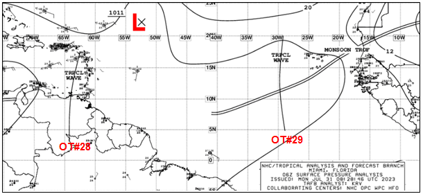 claudio_mj's tweet photo. 🧿ONDAS TROPICALES🧿
Solo tenemos tres ondas tropicales en el Atlántico y el Caribe
#OndaTropical #28 entrando al mar Caribe esta madrugada.
#OT29 Sobre el Atlántico este, convección moderada dispersa detrás de la onda
#OT26 al oeste de Cuba y America Central, pocas actividad https://t.co/sYyWm3cYoJ