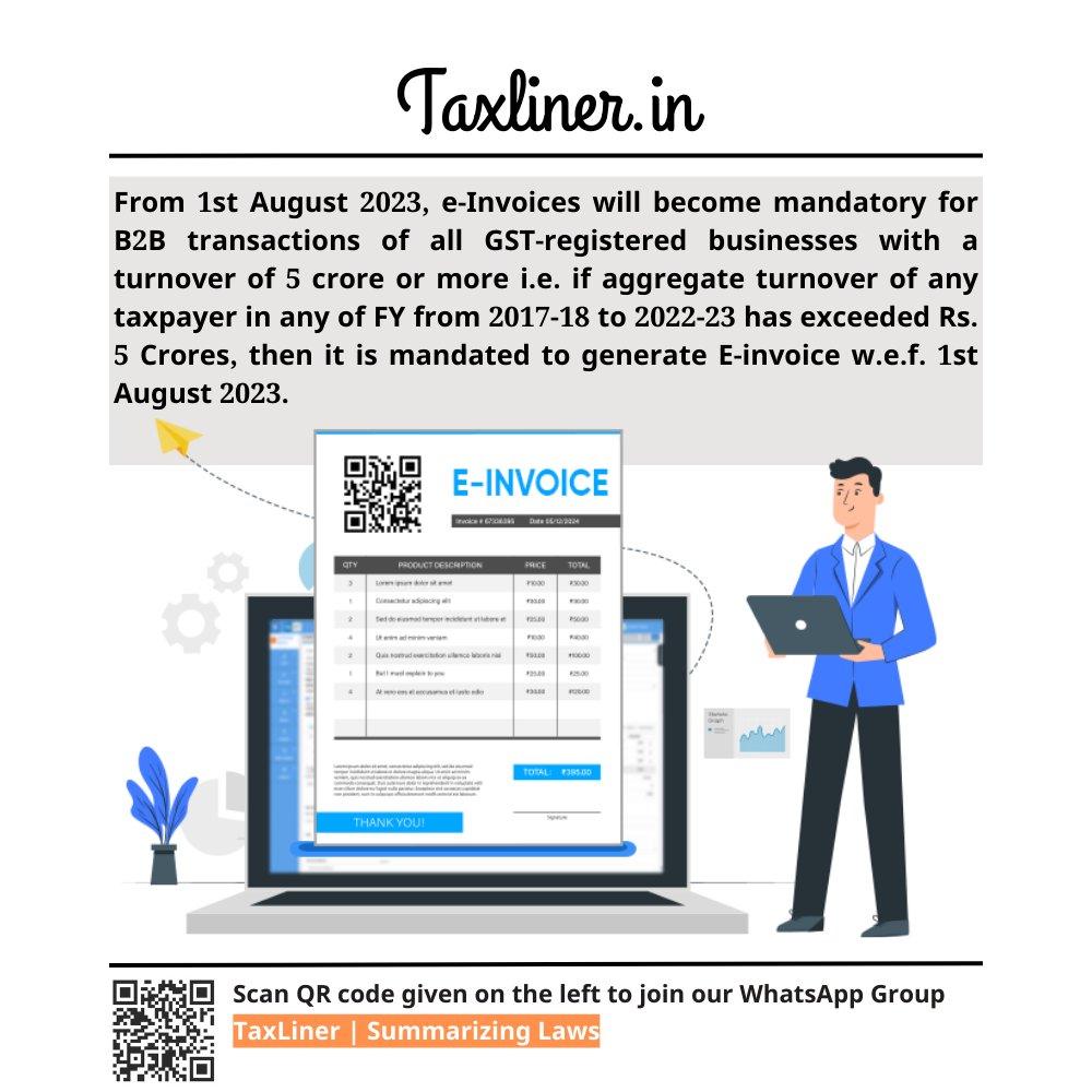 TaxLiner's tweet photo. E-Invoicing Mandatory from Tomorrow:

WhatsApp Group: https://t.co/f6zUALwnbv 

#GST #GSTportal #ITRFiling #IncomeTaxReturn #IncomeTax #ICAI #ITRDueDate #stockmarkets https://t.co/8G9FItMzol