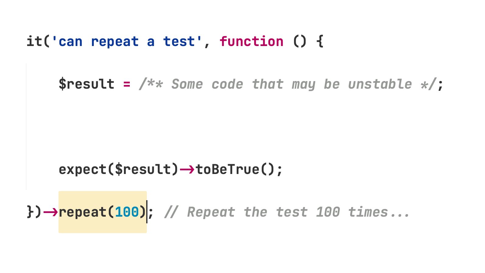Nuno Maduro on X: I've just released Pest 2.10 — it features a repeat()  method that you may use to repeat a test multiple times for debugging  purposes or to ensure that