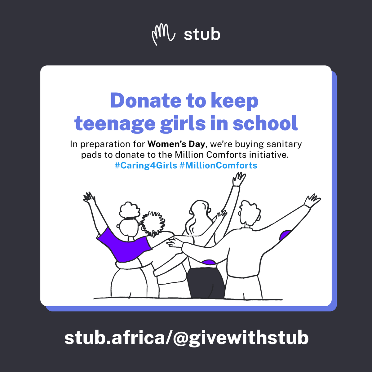 In preparation for Women’s Day, we’re supporting the Million Comforts initiative, which provides sanitary pads to teenage girls in need so that they can continue their education.

stub has already donated over 1000 pads🚀

@Caring4Girls  #MillionComforts #DisChemFoundation