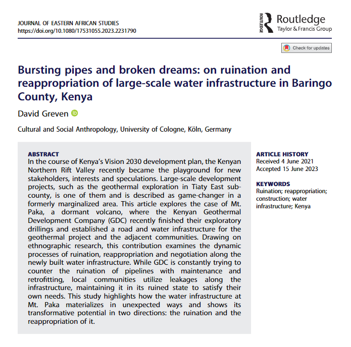 JEASjournal's tweet photo. Now online: 
Bursting pipes and broken dreams: on ruination and reappropriation of large-scale water infrastructure in Baringo County, #Kenya
by David Greven
https://t.co/wZmX3EE13M https://t.co/LyDoOeUdJ4