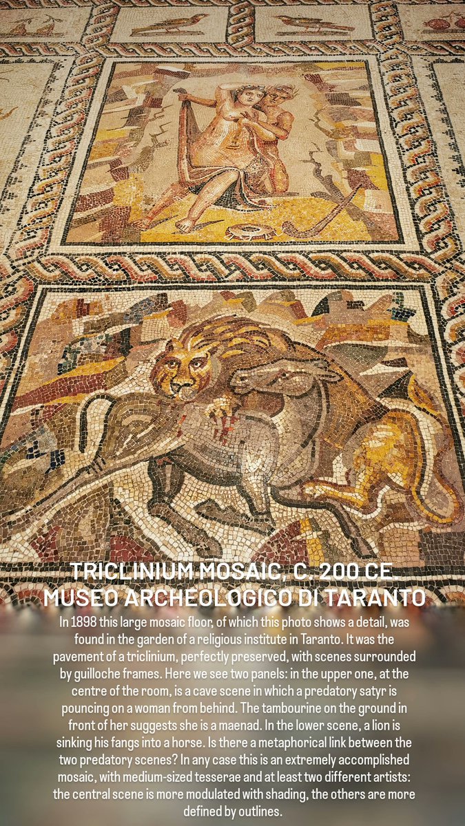 antmoose's tweet photo. This #MosaicMonday takes us to #Taranto, where a beautiful late C2 #mosaic, now in the archaeological museum, once decorated a large #triclinium. Though these are not #emblemata or #micromosaics, they are richly decorative and seem inspired by #Dionysiac #fresco work. https://t.co/EgEb1C9RBz