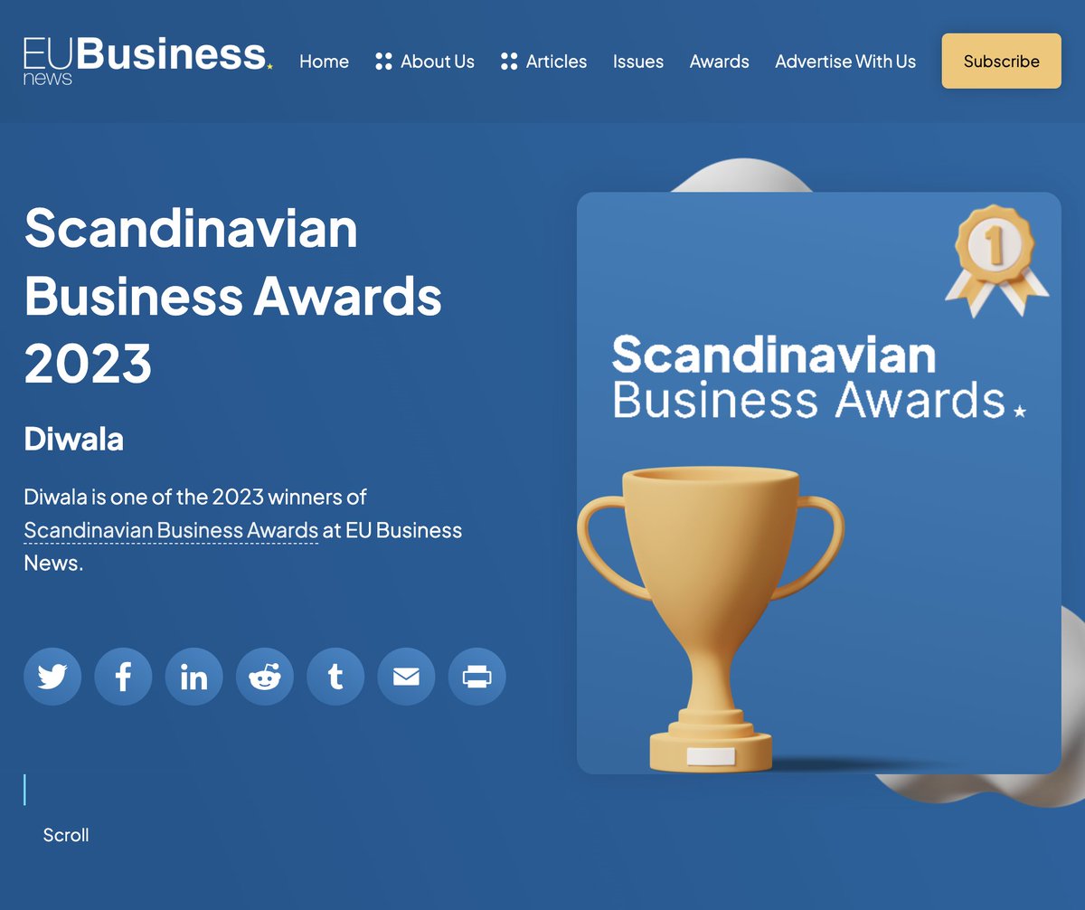 We are excited and honoured to share that <a href="/Diwala/">Diwala 🔶</a>  has received the award of "Best Digital Wallet Software Solutions Provider 2023" from the Scandinavian Business Awards 😊

Thank you so much for the spotlight <a href="/EUbusiness_news/">EU Business</a> ☀️

eubusinessnews.com/winners/diwala/