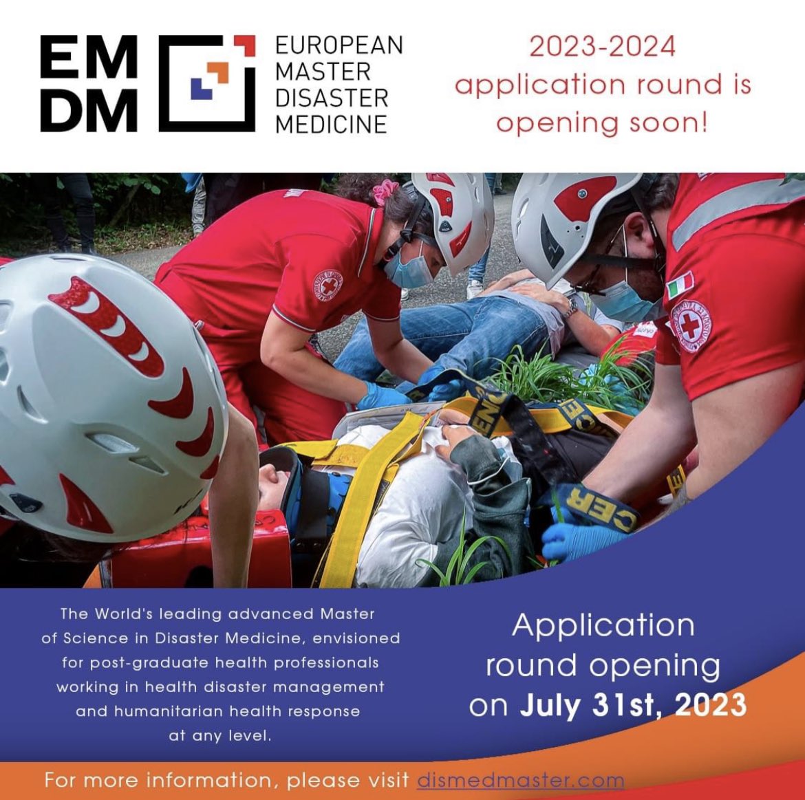 IHubloue's tweet image. The application period of the European Master in Disaster Medicine is open!

Application : July 31st (10.00AM CEST) until October 2nd 2023.

The #EMDM is a Master of Science in Disaster Medicine and is jointly organised by @REGEDIM_VUB and @CRIMEDIM 

dismedmaster.com