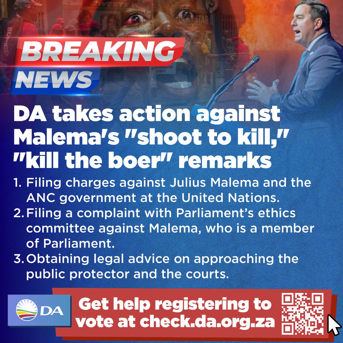 BelindaE6's tweet photo. 🚨 DA takes action against Malema's "shoot to kill," "kill the boer" remarks:
- Filing charges against Malema and the ANC government at the UN
- Filing an ethics complaint with Parliament
- Obtaining legal advice on approaching the public protector and the courts
#StopTheEFF https://t.co/xlnQjWVEd7