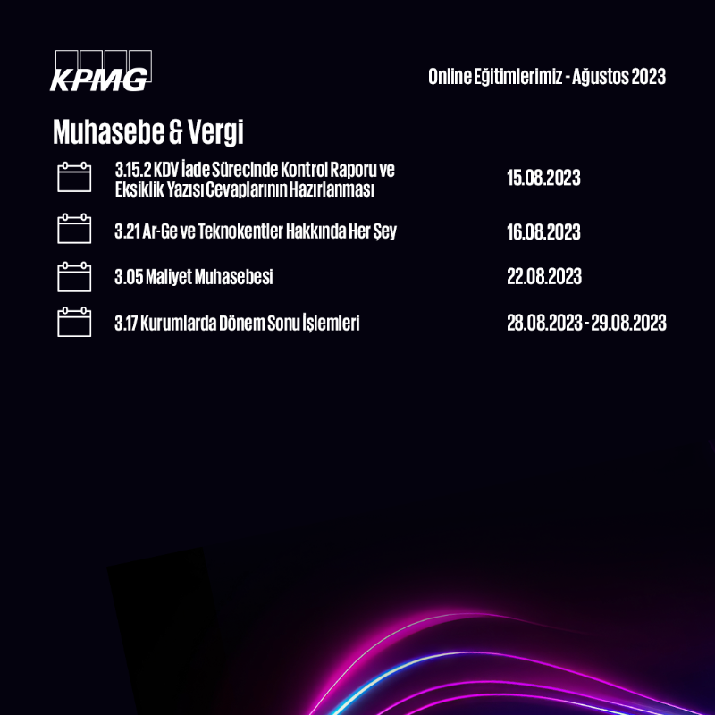 KPMG_Turkiye's tweet photo. 📣 Yaklaşan eğitimlerimizi incelediniz mi?

#KPMGAkademi’nin Ağustos ayı online eğitimlerini detaylı olarak incelemek ve kayıt olmak için linki ziyaret edebilirsiniz.