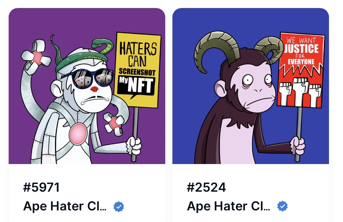 I spent a tiny bit of my $DUMMY to enter a <a href="/Rafldex/">RAFLDex</a> raffle yesterday and woke up to these two fire 🔥 <a href="/ApeHaterClub/">Ape Hater Club </a> NFTs in my wallet 🤩 

Thanks to <a href="/TheRealMelvinAi/">#MelvinAi🪧🍌</a> for the raffle! 😎 

#RAFLDex is the only raffle platform that puts the NFT owner in control. Everyone wins!