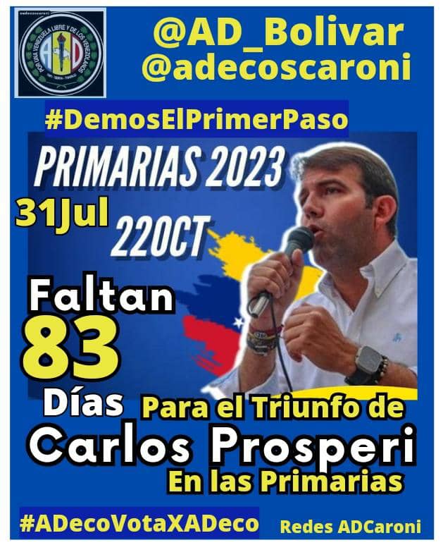 A 83 días para iniciar la ruta que nos conducirá al #CambioPolitico en #Venezuela, ciudadanos respaldan con mayor Entusiasmo y Esperanza a <a href="/prospericarlos/">Carlos M. Prosperi</a> quien representa nueva generacion de políticos, con soluciones concretas y respaldo d <a href="/ADemocratica/">Acción Democrática</a> #DemosElPrimerPaso