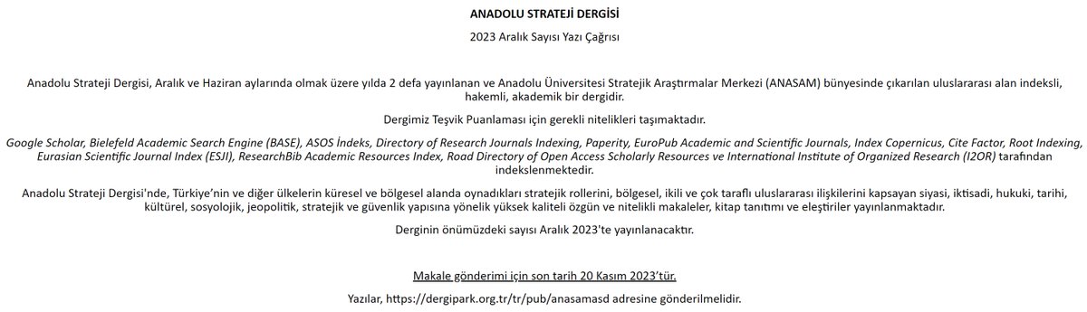 AUANASAM's tweet photo. ANADOLU STRATEJİ DERGİSİ (ASD)
2023 Aralık Sayısı Yazı Çağrısı...

Dergimiz Akademik Teşvik Puanlama Niteliklerini Taşımaktadır.

5 Yıl 2. Sayısını yayınlayacak dergimize çalışmalarınızı beklemekteyiz...
@Anadolu_Univ 
@AnadoluDergisi 
@ProfFuatErdal 

https://t.co/DPTO8jZOSy https://t.co/9AEHvXedqC