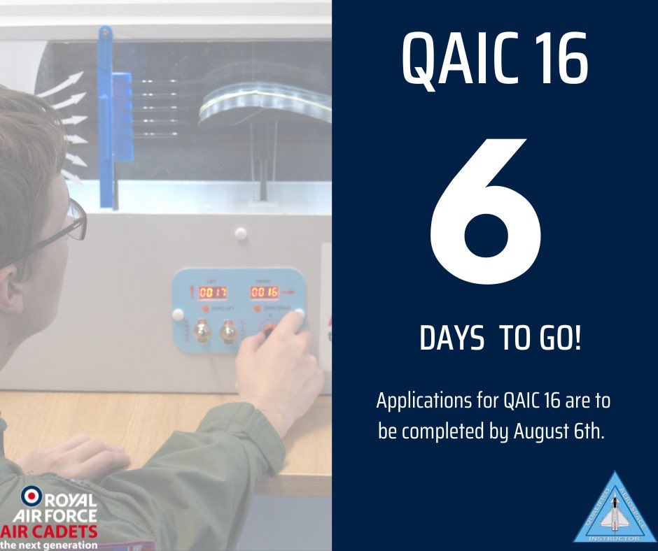 🌟🌟 6 DAYS TO GO🌟🌟

The deadline for applications is 2359hrs on August 6th. Not long left!⏰

Don’t miss out on a chance to compete for a place on QAIC 16! 

<a href="/ComdtAC/">Commandant RAF Air Cadets</a> 
<a href="/aircadets/">RAF Air Cadets</a>