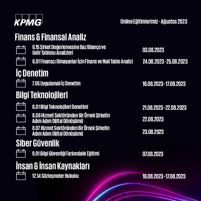 KPMG_Turkiye's tweet photo. 📣 Yaklaşan eğitimlerimizi incelediniz mi?

#KPMGAkademi’nin Ağustos ayı online eğitimlerini detaylı olarak incelemek ve kayıt olmak için linki ziyaret edebilirsiniz.