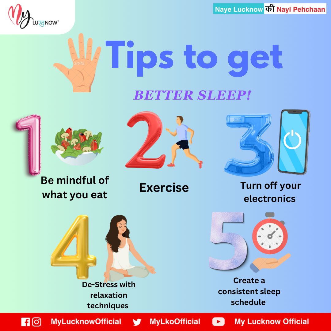 Sleep Soundly with these 5 Tips for a Restful Night! 💤✨ Prioritize your sleep for a refreshed and energized tomorrow. #bettersleep #healthysleephabits #productive #motivation #healthandwellness #mylucknowofficial #lucknow