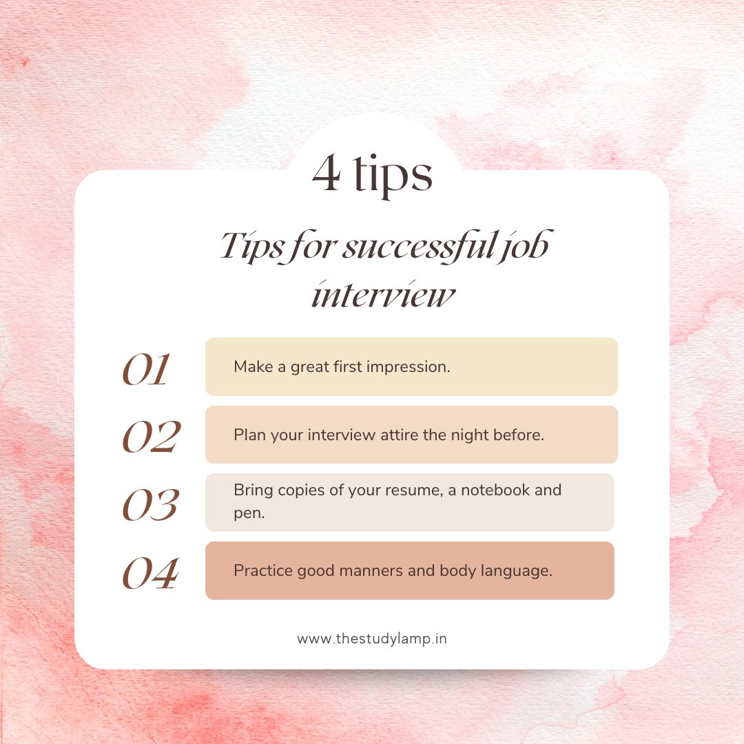 thestudylamp_'s tweet photo. 4 Tips for a Successful Job Interview

1 - Make a great first impression.
2 - Plan your interview attire the night before.
3 - Bring copies of your resume, a notebook, and a pen.
4 - Practice good manners and body language.

#jobopportunity  #Jobs  #interview https://t.co/zcPf2gkZKV