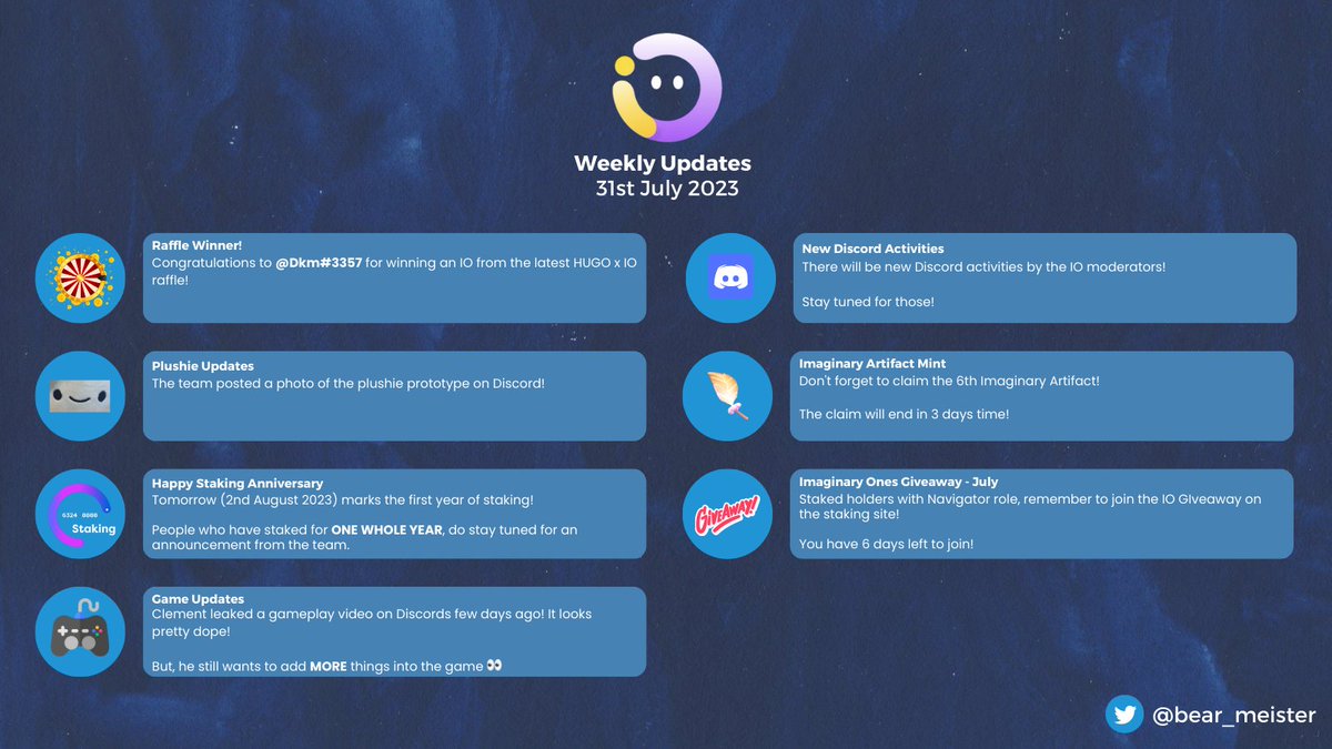 Another week, another weekly update for @Imaginary_Ones ecosystem! Staked IO holders, don't forget to join the IO giveaway and claim your sixth Imaginary Artifact! Be excited for what's about to come!
