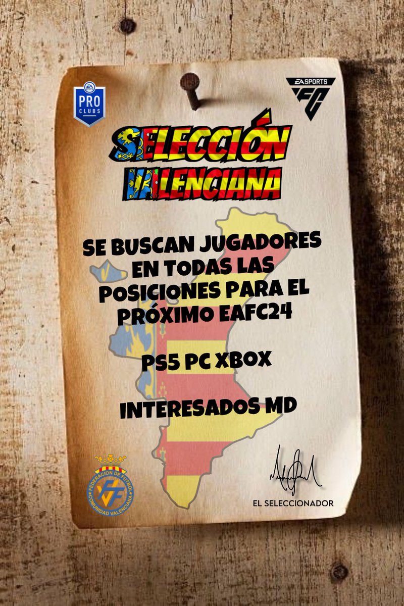 𝐒𝐄𝐋𝐄𝐂𝐂𝐈Ó𝐍 𝐕𝐀𝐋𝐄𝐍𝐂𝐈𝐀𝐍𝐀🔵🟡🔴

¿Eres de la comunidad valenciana o resides en ella? ¿Te gustaría defender sus colores en competición nacional? @RFSACP 

• + 18 años
• Next Gen
• Experiencia 11vs11

🗓️Fechas por confirmar🔜

Sigue a <a href="/SEL_Valenciana/">𝗦𝗘𝗟𝗘𝗖𝗖𝗜Ó𝗡 𝗩𝗔𝗟𝗘𝗡𝗖𝗜𝗔𝗡𝗔 ᴇᴀꜰᴄ</a> para no