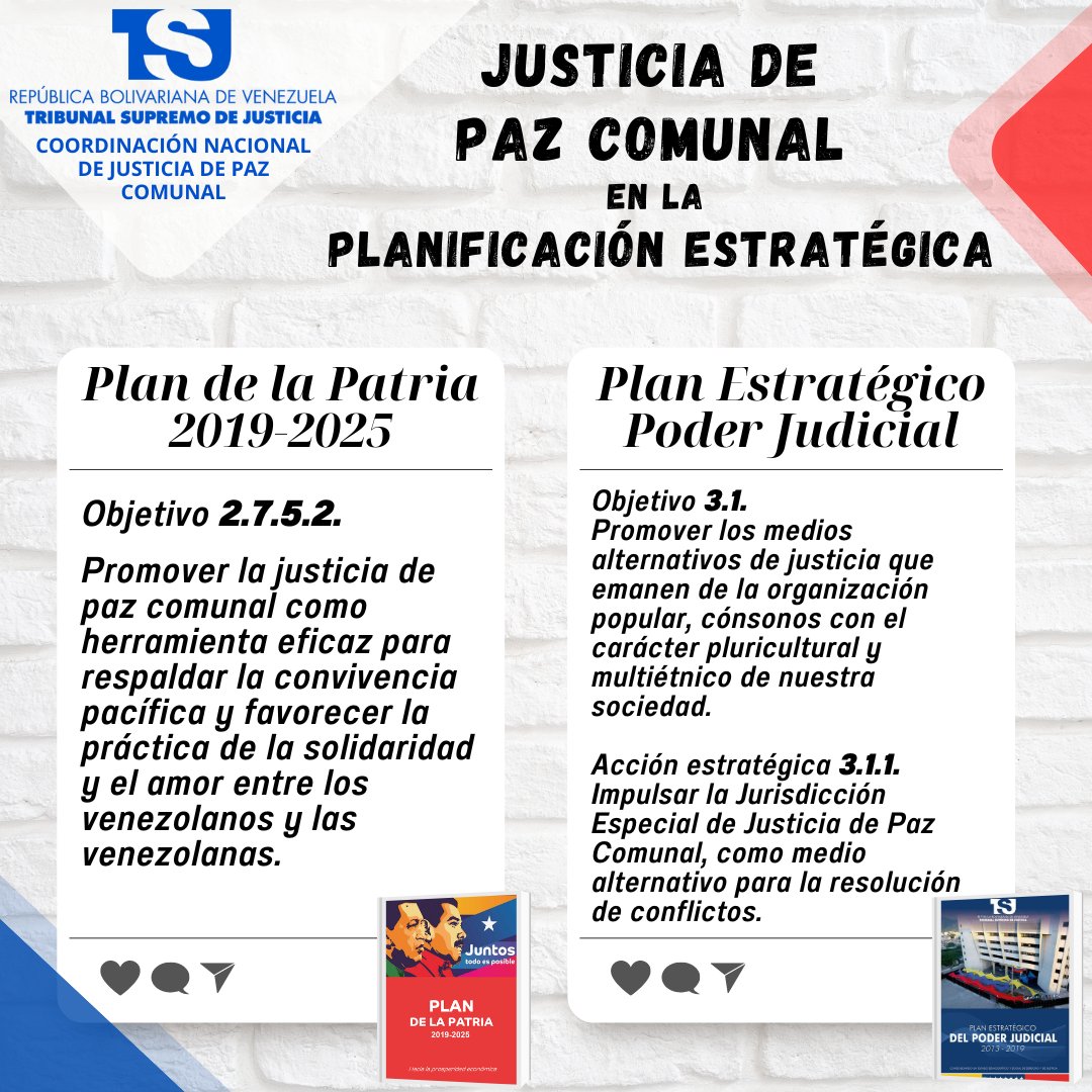 La justicia de paz comunal es un proyecto fundamental para la revolución judicial en marcha, previsto en el #PlandelaPatria, en el Sistema de Planificación Nacional y Popular, y en el Plan Estratégico del #PoderJudicial ⚖️🕊️🇻🇪#CoordinaciónNacionalJPC #JurisdicciónEspecialJPC