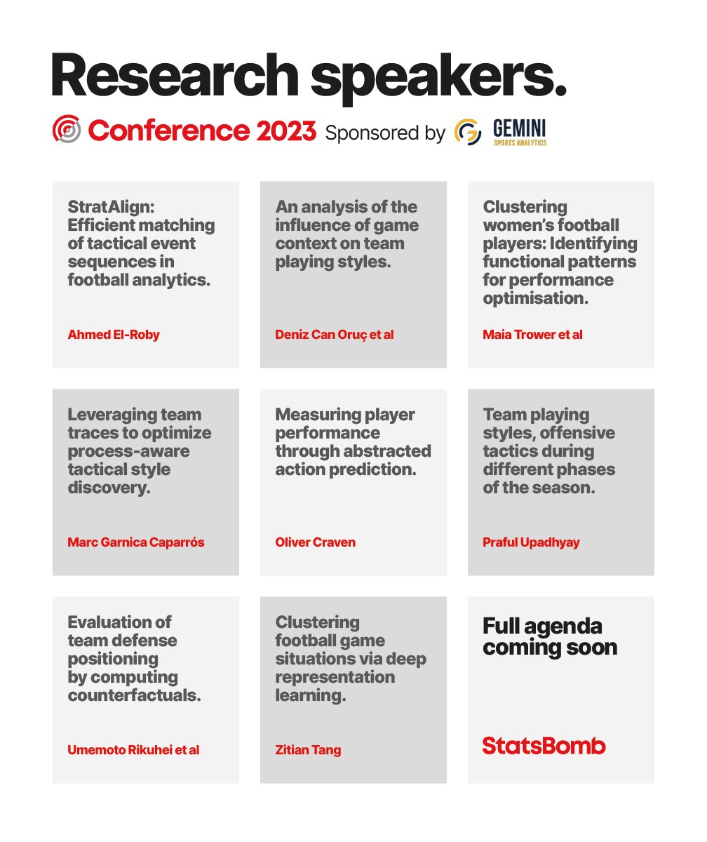 Statsbomb's tweet photo. ANNOUNCED: We're pleased to reveal the winners of the 2023 #StatsBombConference Research Competition

The winning entries will present their findings on the Research Track stage, with a selection of posters also hosted at the event

Tickets &amp; more details:
https://t.co/ormHCedHNk https://t.co/2RSnqoYXcb