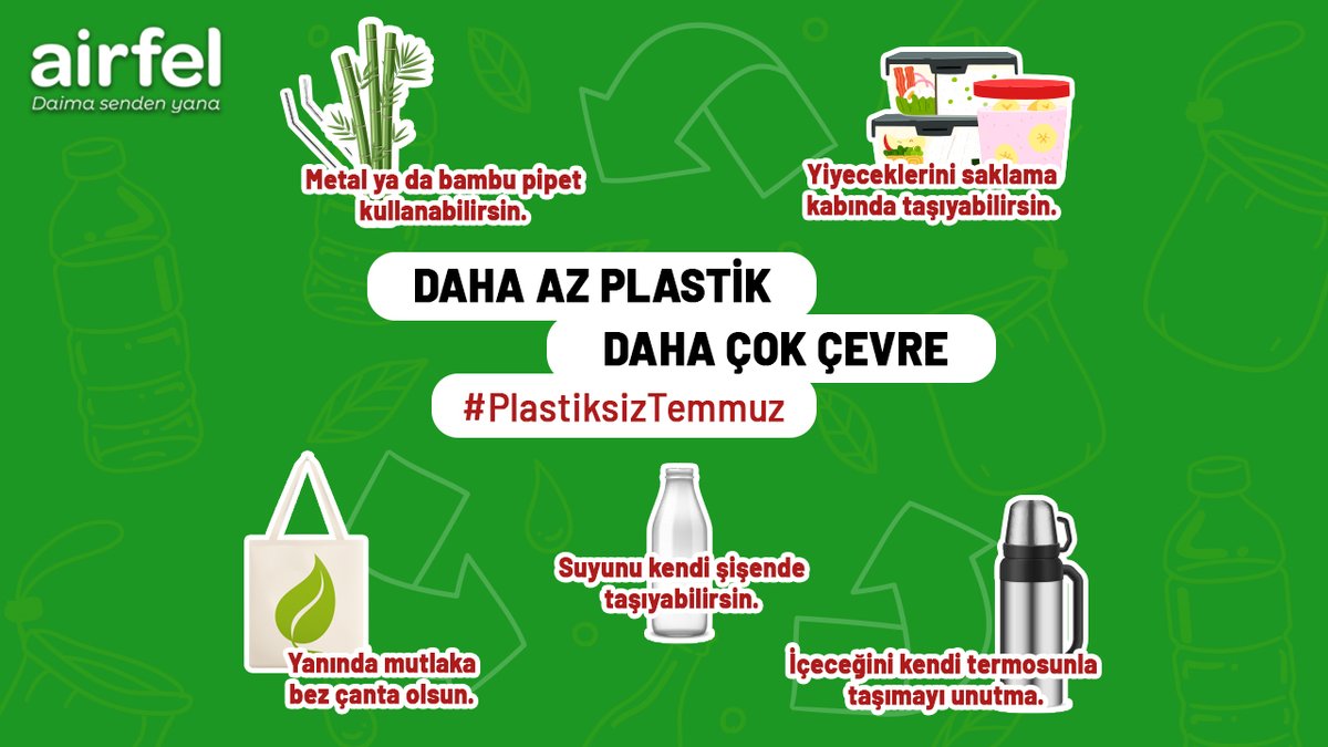 Daha az plastik, daha çok çevre! 
Yaşanabilir bir gelecek için basit alışkanlıklar edin, yaşam tarzını değiştir.
Gelecek nesillere güzel ve sağlıklı bir çevre bırak. 😎😍

#Airfel #DaimaSendenYana #YaşanabilirBirGelecek #PlastiksizTemmuz @PlasticFreeJuly