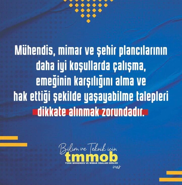 Mühendis, mimar ve şehir plancılarının daha iyi koşullarda çalışma, emeğinin karşılığını alma ve hak ettiği şekilde yaşayabilme talepleri dikkate alınmak zorundadır.
#haklarımıziçinsesver