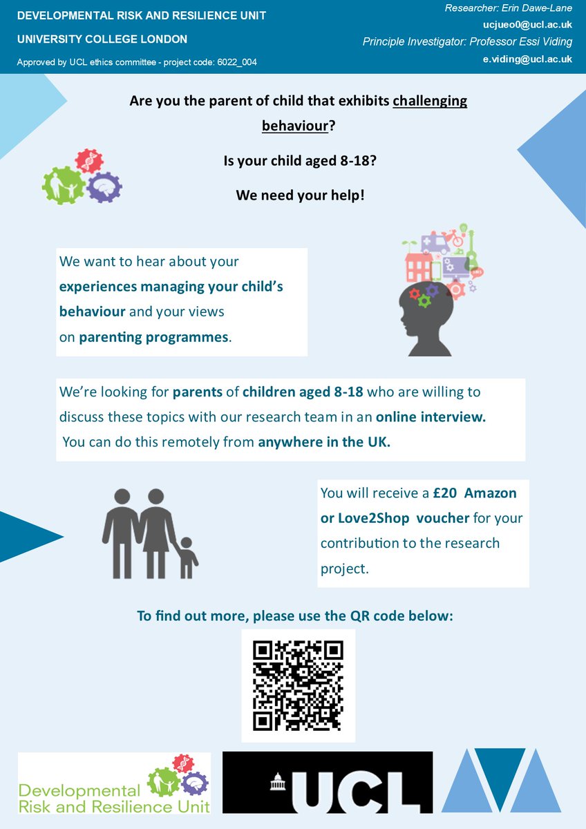 Are you a parent of a child aged 8-18 who exhibits challenging behaviour? Our research team would like to hear more about your experiences! Please see the poster below or follow the link for more information about our latest research study: 
qualtrics.ucl.ac.uk/jfe/form/SV_5o…