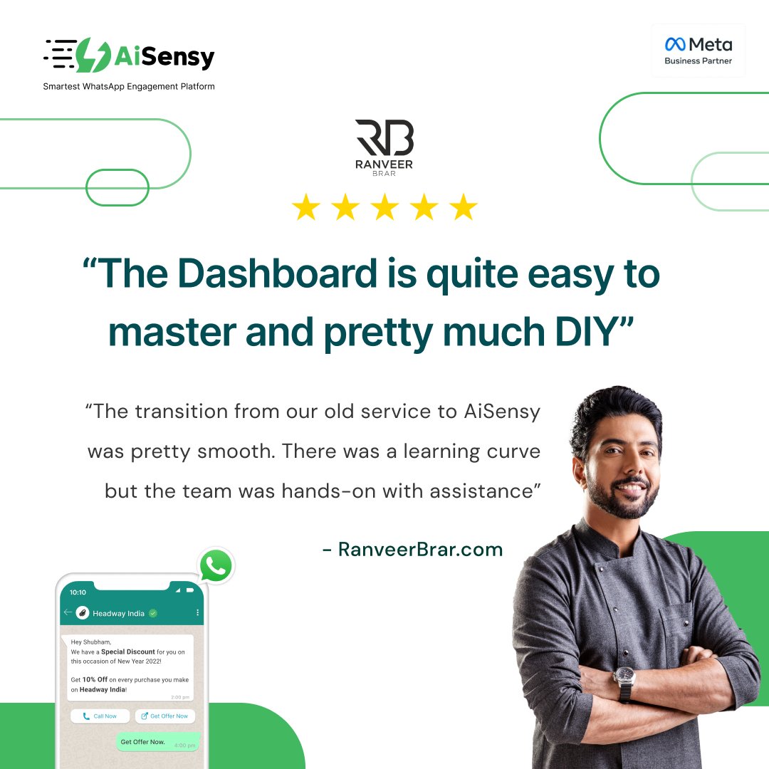 🌟#ourhappyclients Ranveer Brar &amp; his team gave us a 5 Star🌟

When are you starting your WhatsApp Marketing Journey with AiSensy?

Signup Now for a 14-day FREE trial. Link in comment.

#feedback #testimonial #clienttestimonial #aisensy #aisensyforwhatsapp #whatsappapi