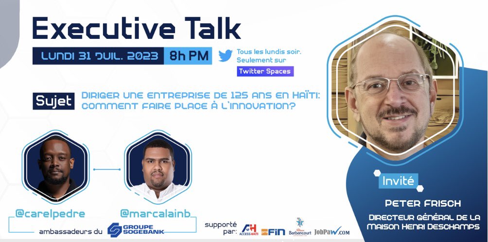 marcalainb's tweet image. Bonjour! J’espère que votre semaine commence bien!
A plus tard dans @ExecutiveTalkHT! @carelpedre et @marcalainb reçoivent @PeterjFrisch, DG de la Maison Henri Deschamps à 8:00 PM! 
Grace à @GroupeProFin @SogebankHT @JobPaw @barbancourtHT &amp;amp; @AccessHaiti1