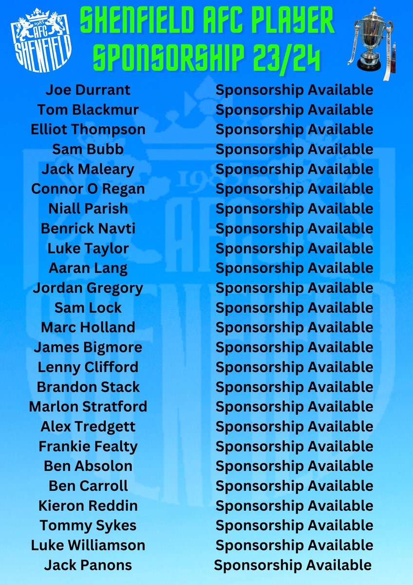 ShenfieldAFC (@shenfieldafc) on Twitter photo <a href="/ShenfieldAFC/">ShenfieldAFC</a> are looking for player sponsorship for the 23/24 season. For Β£40 sponsorship you will get a full week advertisement on the week of your dedicated club match, a full page in our new matchday programme and you will be placed on our goal celebrations for the season. <a href="/ShenfieldAFC/">ShenfieldAFC</a> are looking for player sponsorship for the 23/24 season. For Β£40 sponsorship you will get a full week advertisement on the week of your dedicated club match, a full page in our new matchday programme and you will be placed on our goal celebrations for the season.