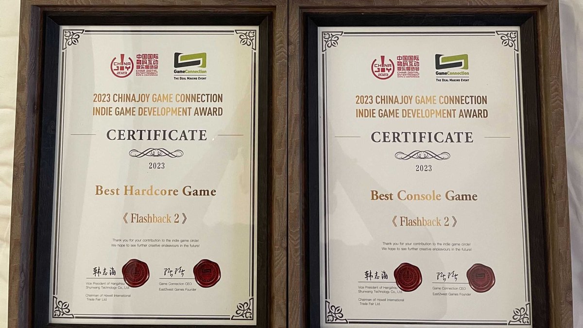 FlashBack2_Game's tweet photo. We are very proud to have received two awards at China Joy / Game Connection: Best Hardcore Game &amp; Best Console Game ! #gamedev #ChinaJoy #gameconnection https://t.co/NkA254rUoA