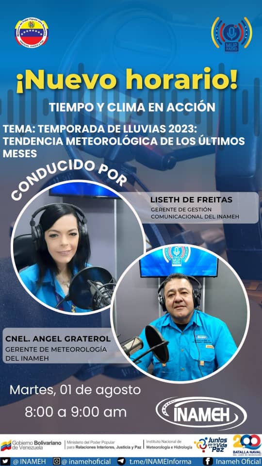 Este martes 1 de agosto sintoniza a través de Mijp Radio Multimedia el programa N° 60 de "Tiempo y Clima en Acción" conducido por el equipo de Gestión Comunicacional del Instituto Nacional de Meteorología e Hidrología.
<a href="/CeballosIchaso1/">@FuerzaDinamica Remigio Ceballos Ichaso</a> <a href="/MijpRadio_/">MijpRadio_</a> <a href="/MijpVzla/">MPPRIJP</a>