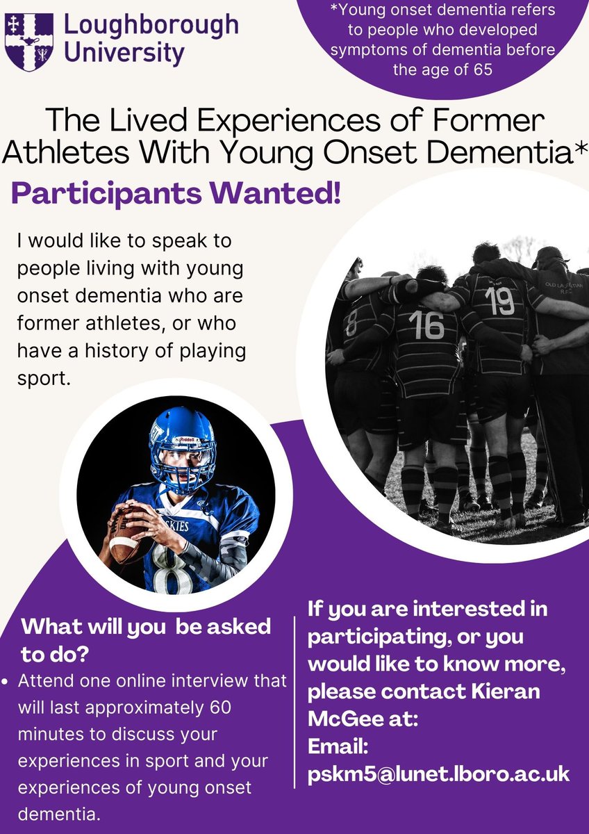 KMcGeeSportPsyc's tweet photo. 🚨Still looking for Participants🚨

If you are a former athlete, or have a history of playing sport, and you’ve been diagnosed with young onset dementia check out my research project below and get in touch! @Head4Change @ProgressiveRug @DementiaUK @YoungDemNetwork @AlzResearchUK https://t.co/6ywI4bRAEh