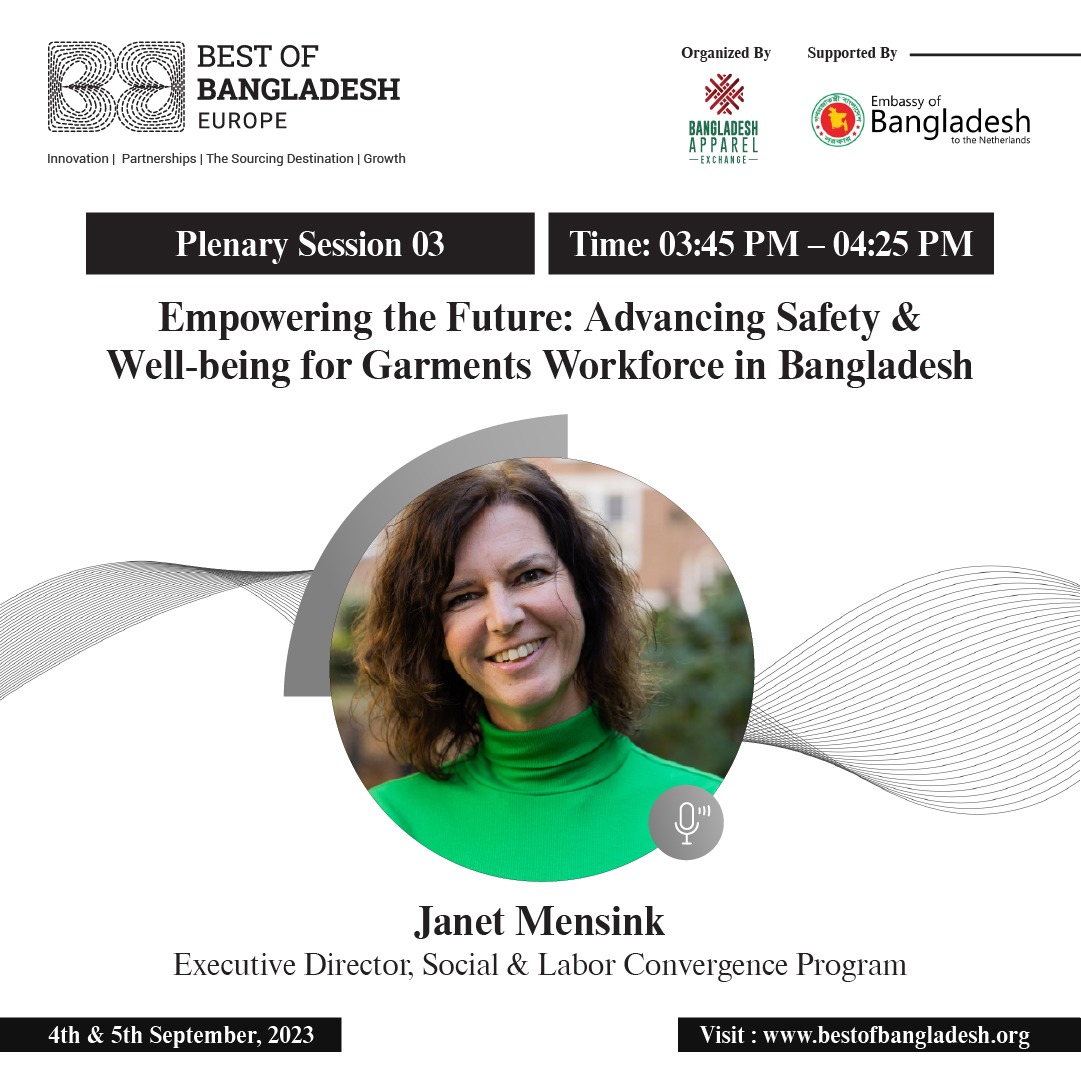 Meet <a href="/JanetMensink/">Janet Mensink</a>, executive Director of <a href="/slconvergence/">Social & Labor Convergence Program (SLCP)</a>, joining us as a speaker on September 4th, 2023, from 3:45 PM to 4:25 PM for "Panel Discussion 03: Empowering the Future: Advancing #Safety &amp; Well-being for #GarmentsWorkforce in #Bangladesh"