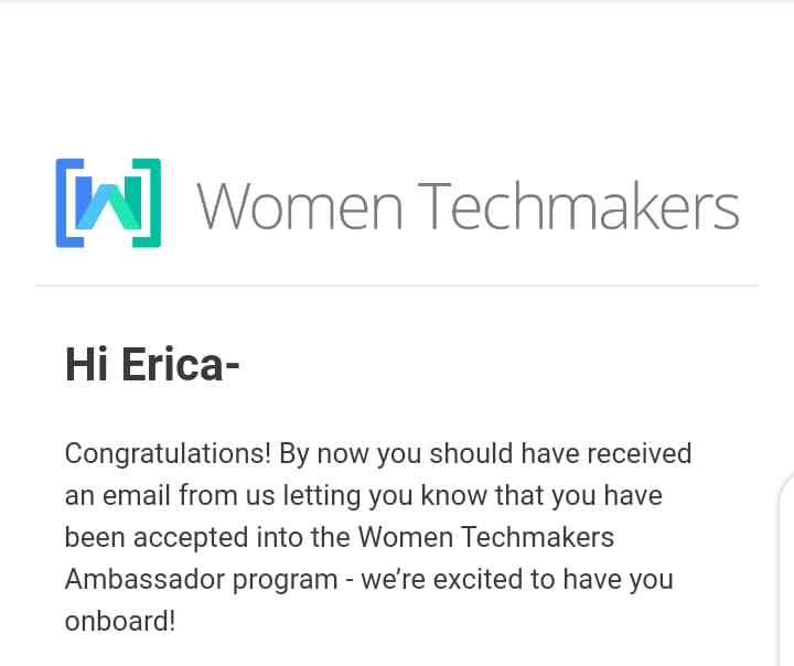 EricaWanja's tweet photo. Grateful and excited to be a part of @WomenTechmakers 
Looking forward to creating an impact and building a community where women in tech will thrive

#womenintech 
#SoftwareEngineering 
#CODE https://t.co/3dof2pmLNl