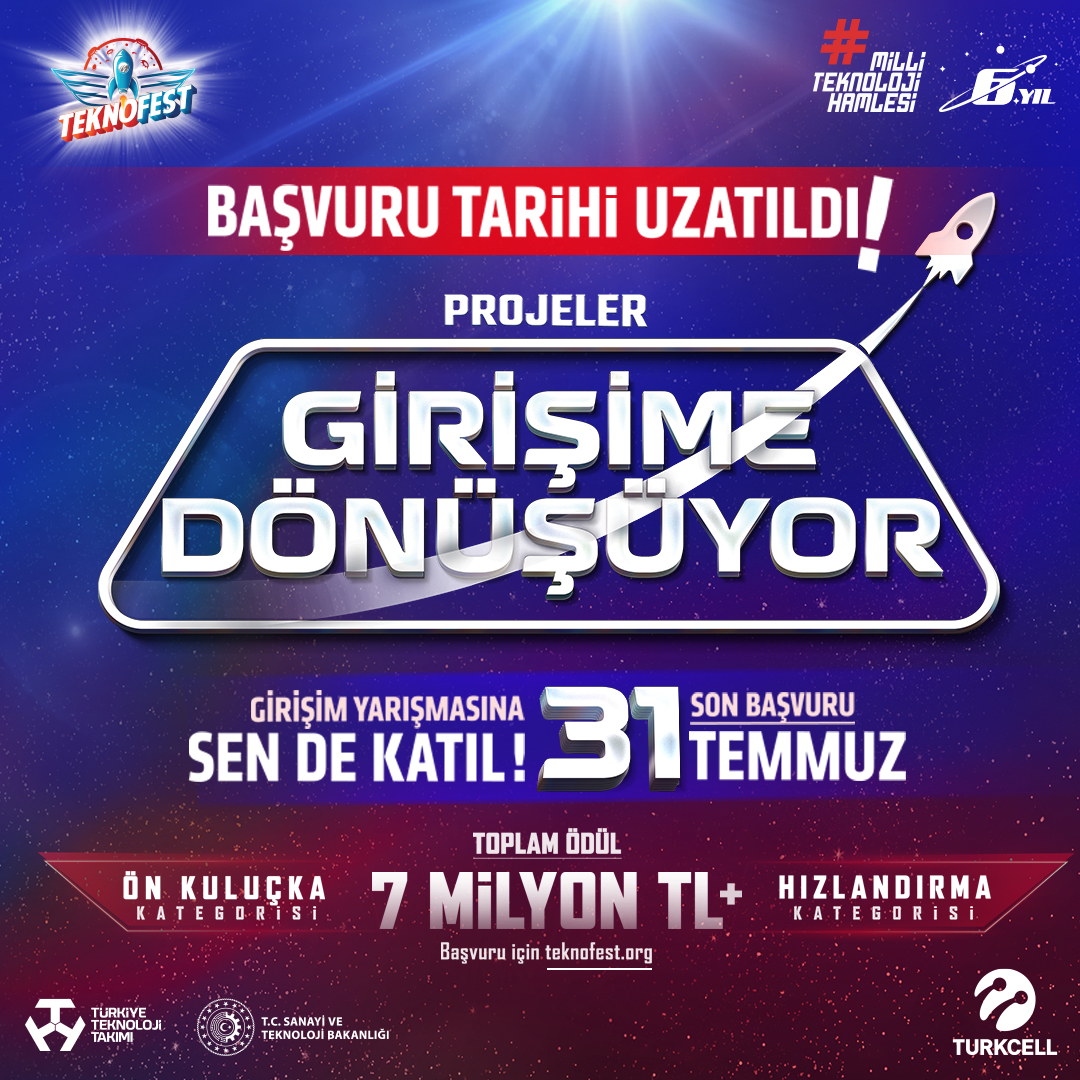 Turkcell's tweet photo. Ankara ve İzmir'de ilk defa gerçekleşecek olan #TEKNOFEST Girişim Yarışması başvuruları için son gün bugün! ⏳
 
Sen de kendi girişim hikâyeni yazmak için hemen başvur, #ProjenGirişimeDönüşsün 🚀 👉 https://t.co/8XWJ4xRF1f 
 
@teknofest #MilliTeknolojiHamlesi https://t.co/fvyN2o78vV