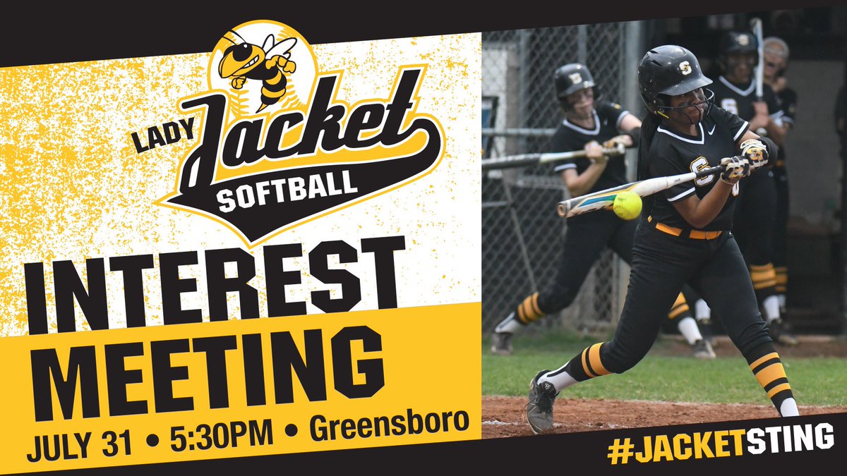 TONIGHT! Jacket Softball will host an Interest Meeting on July 31 at 5:30pm for 7th-12th grade students interested in trying out for the 2023-2024 roster.
Location change: Greensboro Auditorium

For tryout details, visit ow.ly/VPLq50PnZM6

#JacketSting