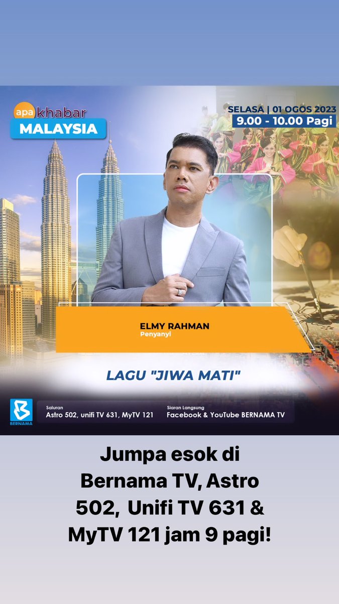 ElmyRahman's tweet photo. Peminat 'Jiwa Mati' kita jumpa esok jam 9.00 pagi di saluran Bernama TV juga boleh menonton di saluran Astro 502, UNIFI TV 631 &amp; MyTV 121.

See ya! Salam maghrib! 🌹 https://t.co/jPxeqN0HQB