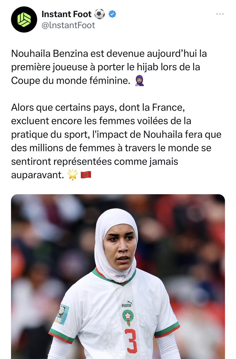 JulienOdoul's tweet image. Honte à @lnstantFoot qui fait la promotion d’une régression et d’une atteinte à la dignité féminine en reprenant les éléments des officines #islamistes. Rappelons que des femmes sont assassinées en #Iran pour refus du #voile. L’islamisme doit être expulsé des terrains de sport !