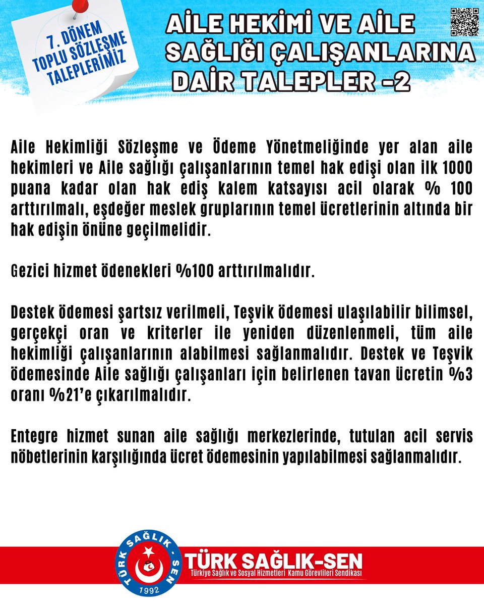 Toplu Sözleşme Taleplerimiz 
✔️ Aile Hekimi ve Aile Sağlığı Çalışanları