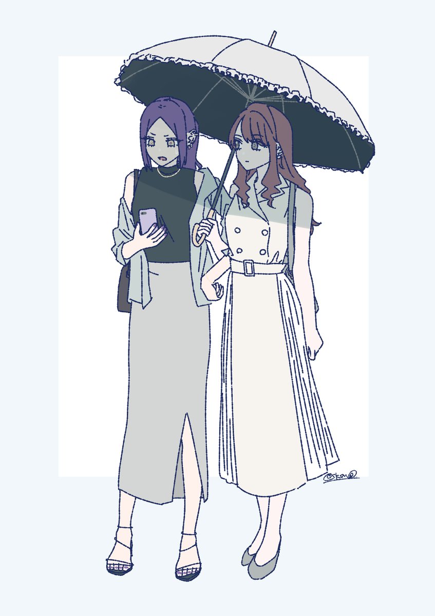 multiple girls 2girls umbrella holding sleeveless dress phone  illustration images