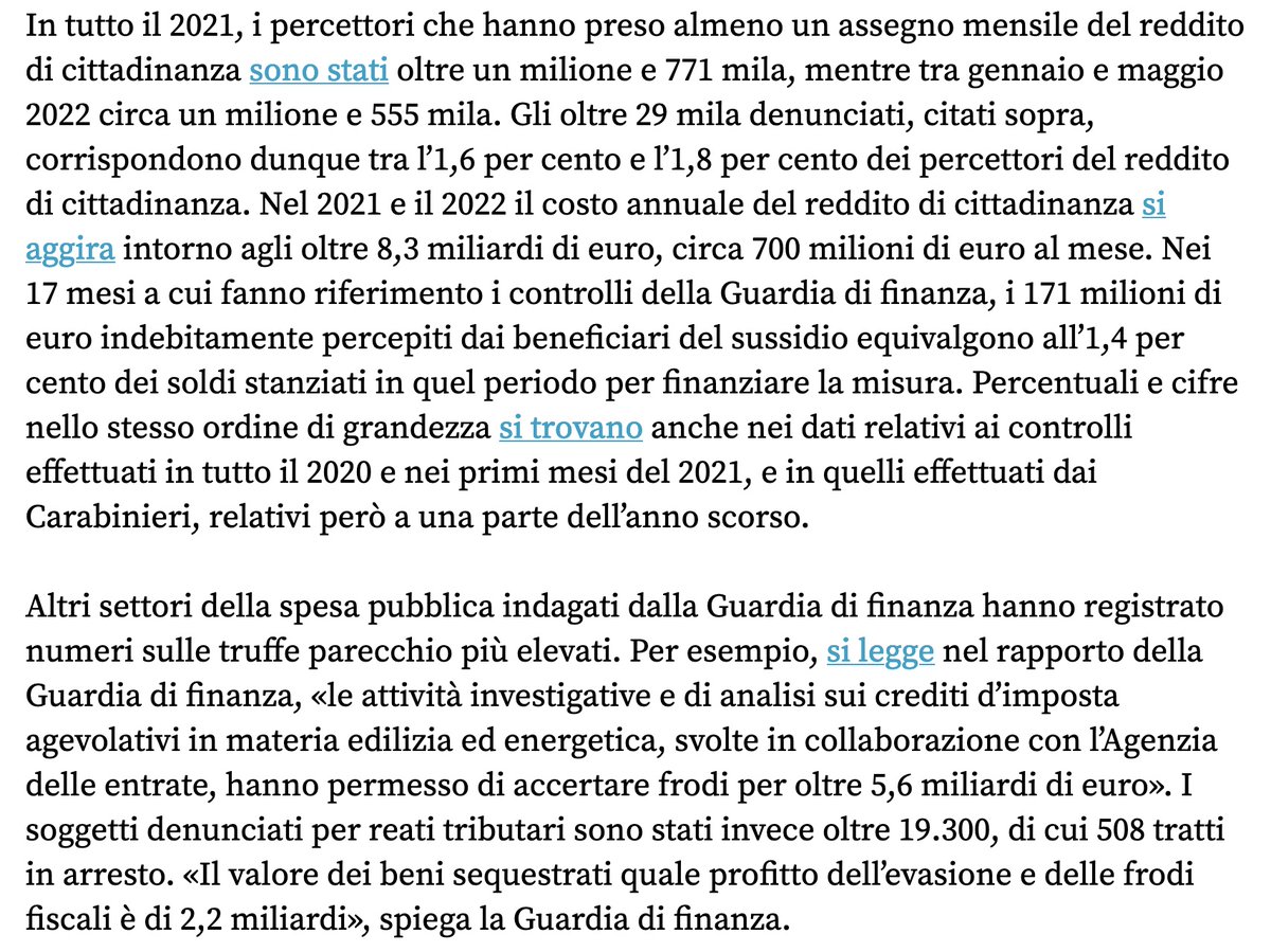 Su frodi #redditodicittadinanza.
1) Ultimi dati GdF (2021/2022): persone denunciate per truffa sul #reddito 29mila, pari a 1,6-1,8% dei percettori e 171 milioni di euro indebitamente percepiti. 
Per reati tributari beni sequestrati e frodi fiscali da 2,2 MILIARDI <a href="/PagellaPolitica/">Pagella Politica</a>