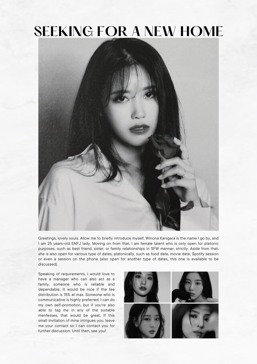 📢 : RETWEETS ARE HIGHLY APPRECIATED. 

Hello. This lady is currently on the lookout for a new home to reside. Details are listed down below. If I meet your requirements, or you think we'll be a good team, please leave your trace down below so I can contact you! 🤍