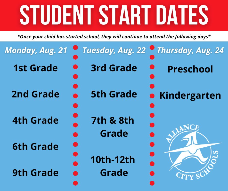 Student start dates are listed below! We're excited to welcome them back in just a few weeks! #RepthatA