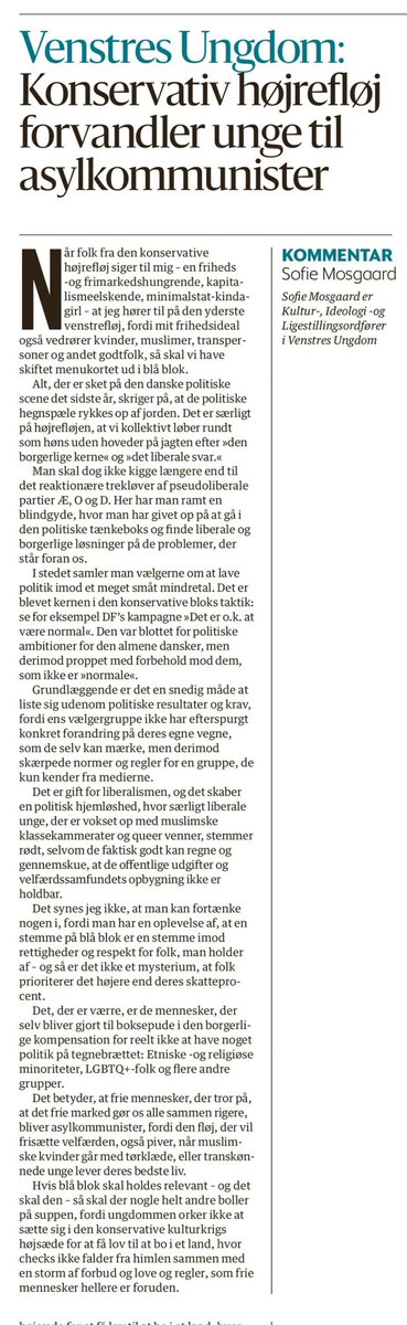 I dag i @berlingske kritiserer jeg @DanskDf1995 @NyeBorgerlige og @partietDD for at skræmme gode liberale unge mennesker væk fra blå blok. #dkpol #ungpol @VUngdom