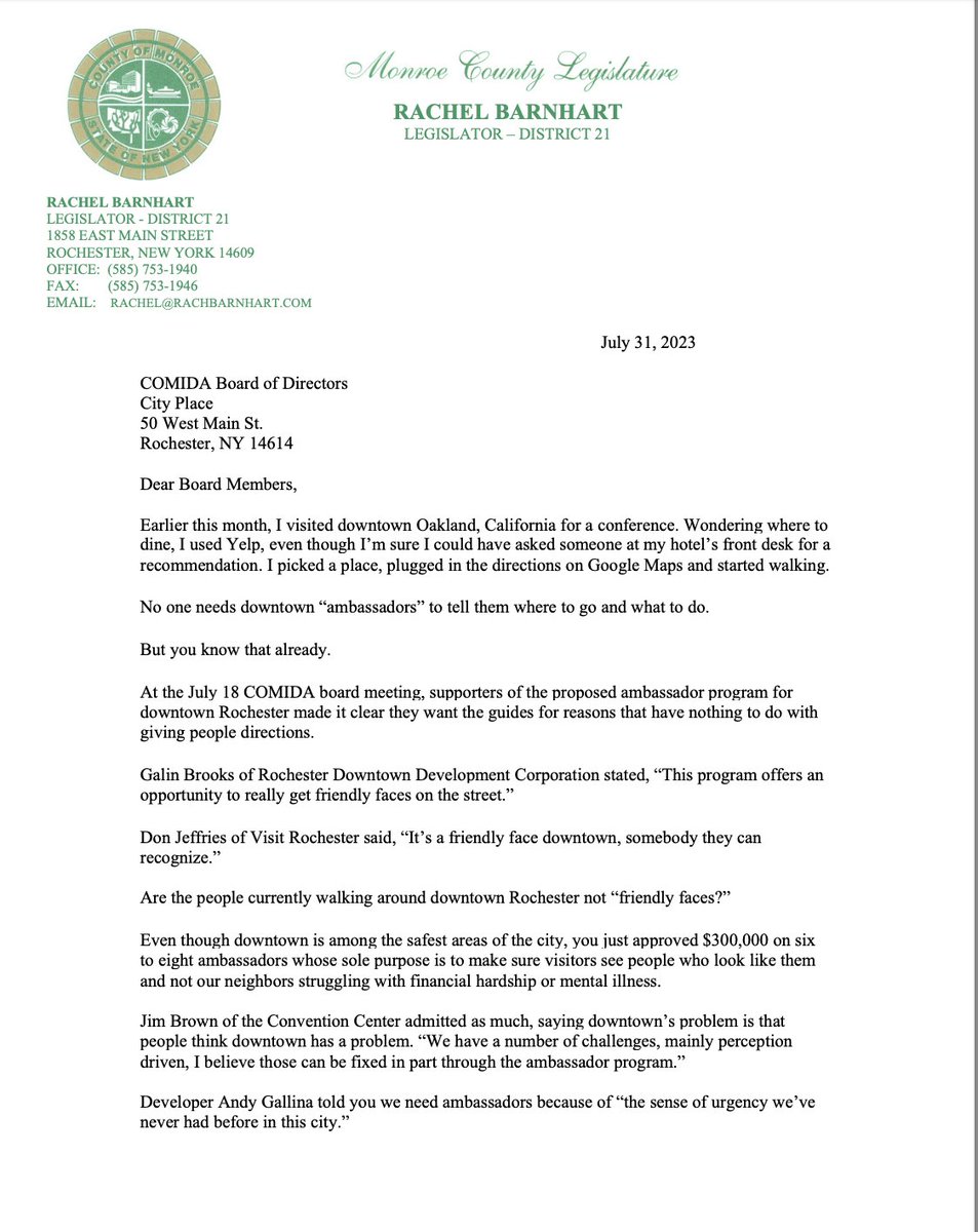 rachbarnhart's tweet image. This downtown ambassador program is an attempt to paper over Rochester's real problems. COMIDA already approved the funds, but I urge City Council to say no. #ROC