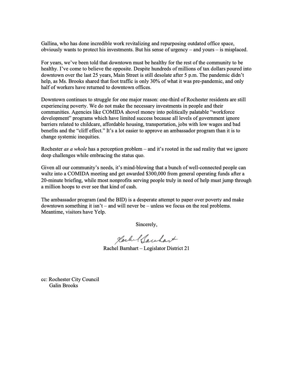 rachbarnhart's tweet image. This downtown ambassador program is an attempt to paper over Rochester's real problems. COMIDA already approved the funds, but I urge City Council to say no. #ROC