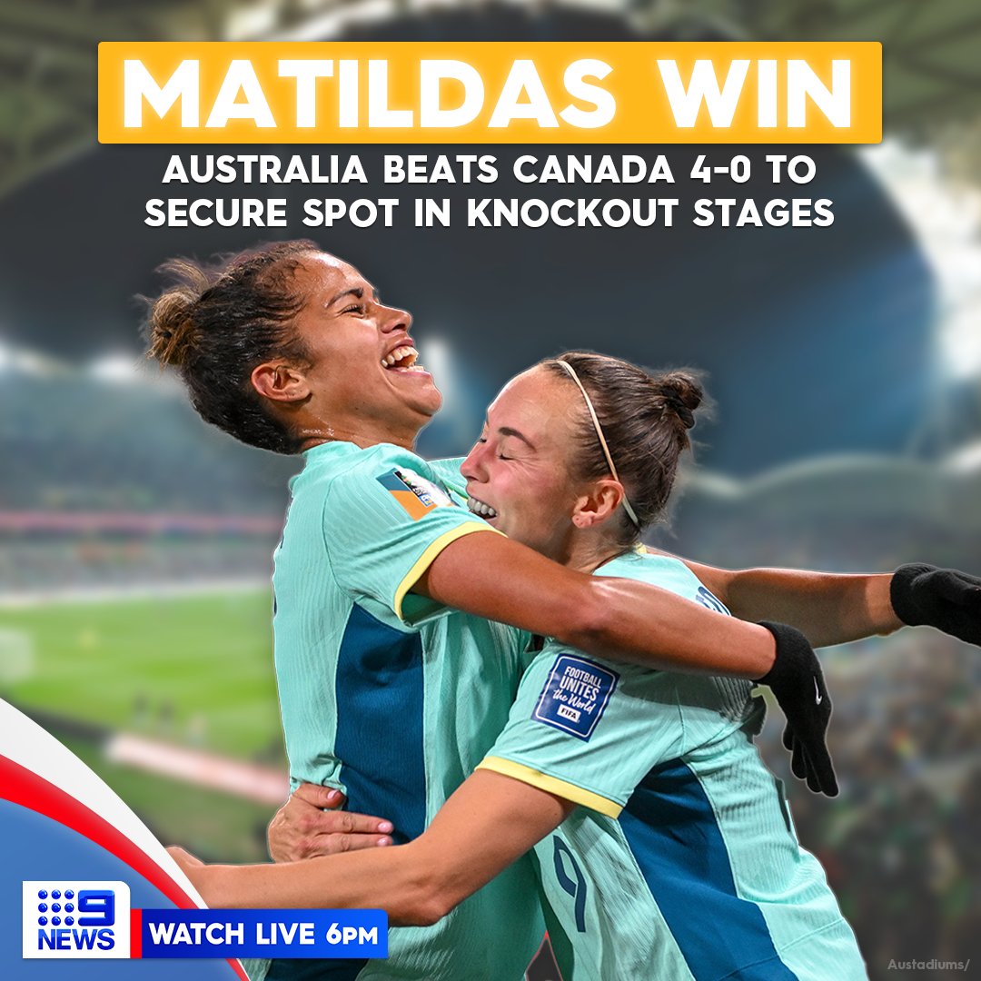 9NewsAUS's tweet photo. The Matildas have successfully qualified for the knockout stages of the FIFA Women's World Cup.

The Aussies displayed the very best of football down under, taking apart Canada 4-0 in Melbourne. #9News https://t.co/cMW1DtX72j