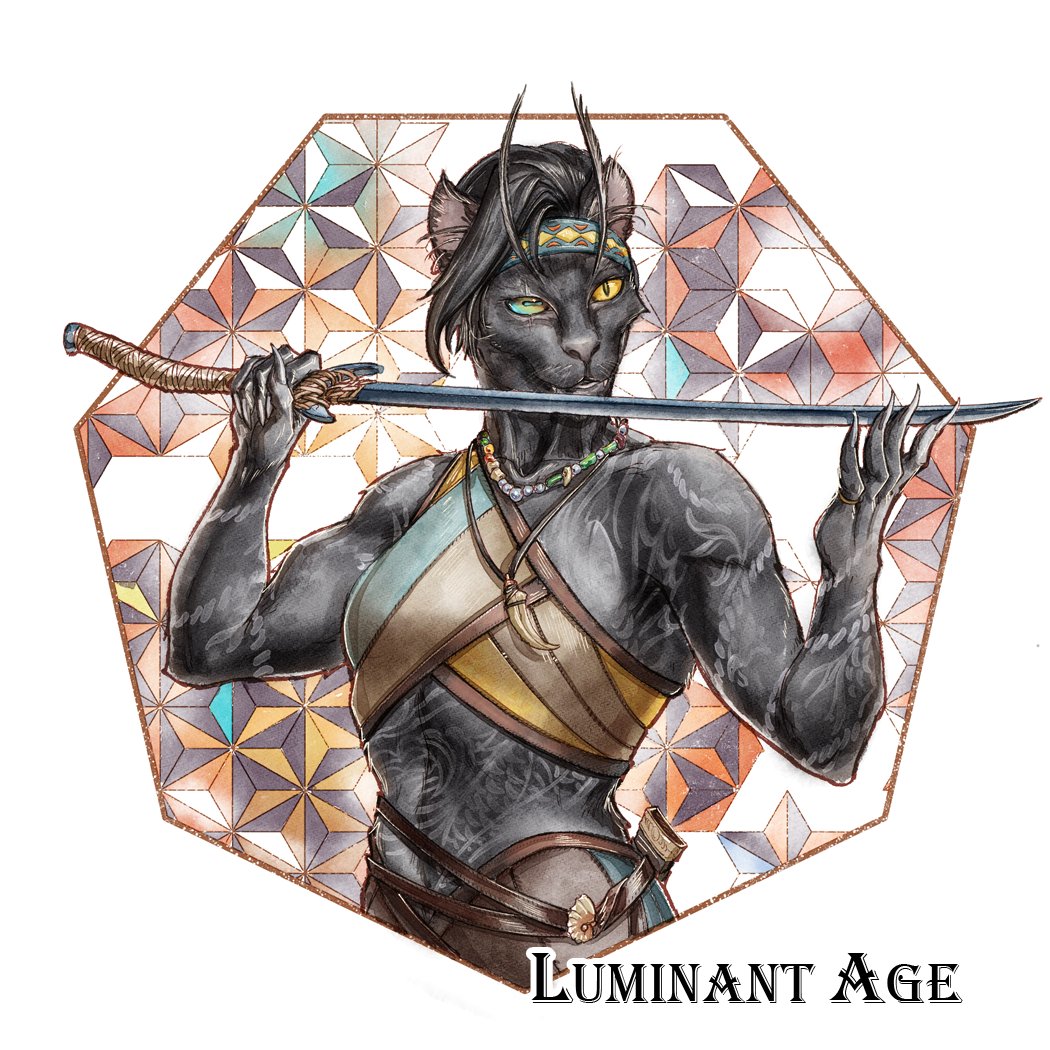 LuminantA's tweet photo. Ol' Vee, of course, has his right hand, second-in-command, and real brains of the operation in Ilsejzan Dar. Ilsejzan runs the numbers, keeps rackets running smoothly, and keeps bribes paid and mouths shut. The only thing sharper than Dar herself is her sword:

(Art by @inkary_ ) https://t.co/s5612eY0z9