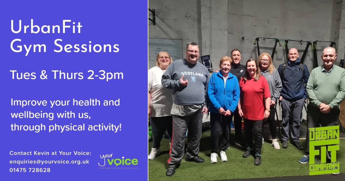 YourVoiceInver's tweet photo. Get UrbanFit! Improve your health and wellbeing through physical activity!
For further information, contact Kevin at Your Voice on 01475 728628 to get started!
#InverclydeCares #ConnectToWellbeing #fitness #urbanfit #socialising #wellbeing #fitness @urbanfitcompany https://t.co/QbvWH2jXtq