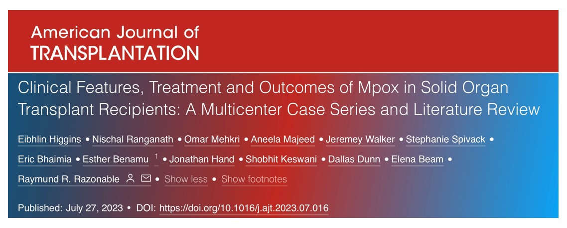MayoClinicINFD's tweet photo. Publication Alert

Clinical Features, Treatment and Outcomes of Mpox in SOT Recipients: Multicenter Case Series @RazonableMD @AST_IDCOP 
@NischalR3 @ElenaBeamMD @jonathanhandMD @AneelaMajeed5 @bhamjwalk @BhaimiaEric @dalldunn @shobz90 @amjtransplant 

https://t.co/aMChyyhh5s https://t.co/1B5loYbovW