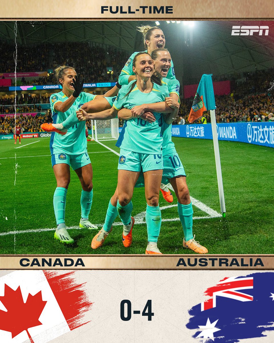 ESPNAusNZ's tweet photo. THEY HAVE DONE IT!

@TheMatildas have done it! They have battered Canada 4-0 in Melbourne. TOPPING THE GROUP!

Hayley Raso with a first half double, Mary Fowler with her first World Cup goal, and Steph Catley rounded off proceedings with a penalty!

#FIFAWWC #Matildas https://t.co/EP2LdaCtqB