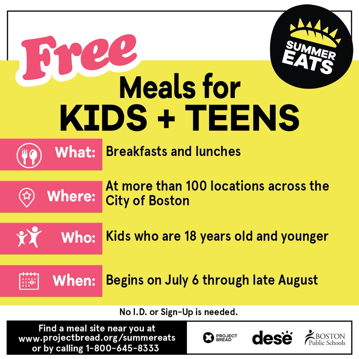 We're excited to offer free summer meals (breakfast and lunch) to all kids ages 18 and under, at more than 100 locations across Boston. The Summer Eats program will run from July 6 through late August. NO ID or pre-registration is required.

Learn more:
bit.ly/3oZBbd6